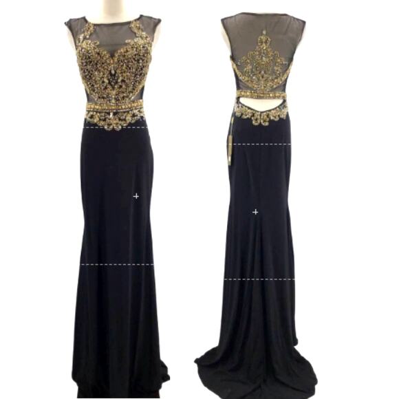 ASPEED SZ S black gold hand beaded mesh sleeveless cutout formal gown NWT B163 - Picture 1 of 12